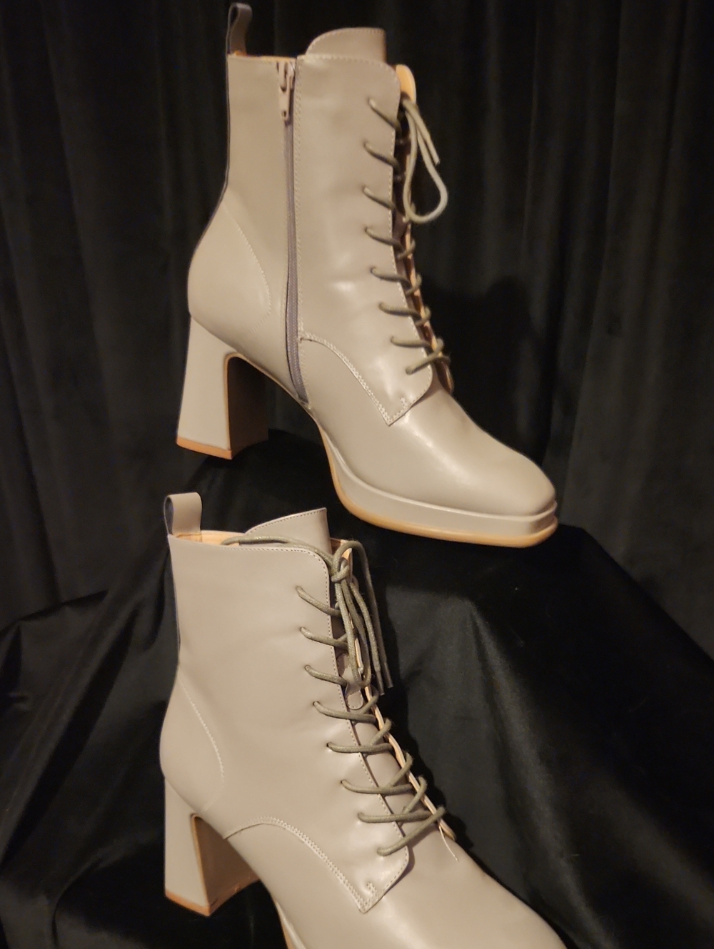 Journee Collection Cream Lace-Up Block Heel Ankle Boots with Side Zipper